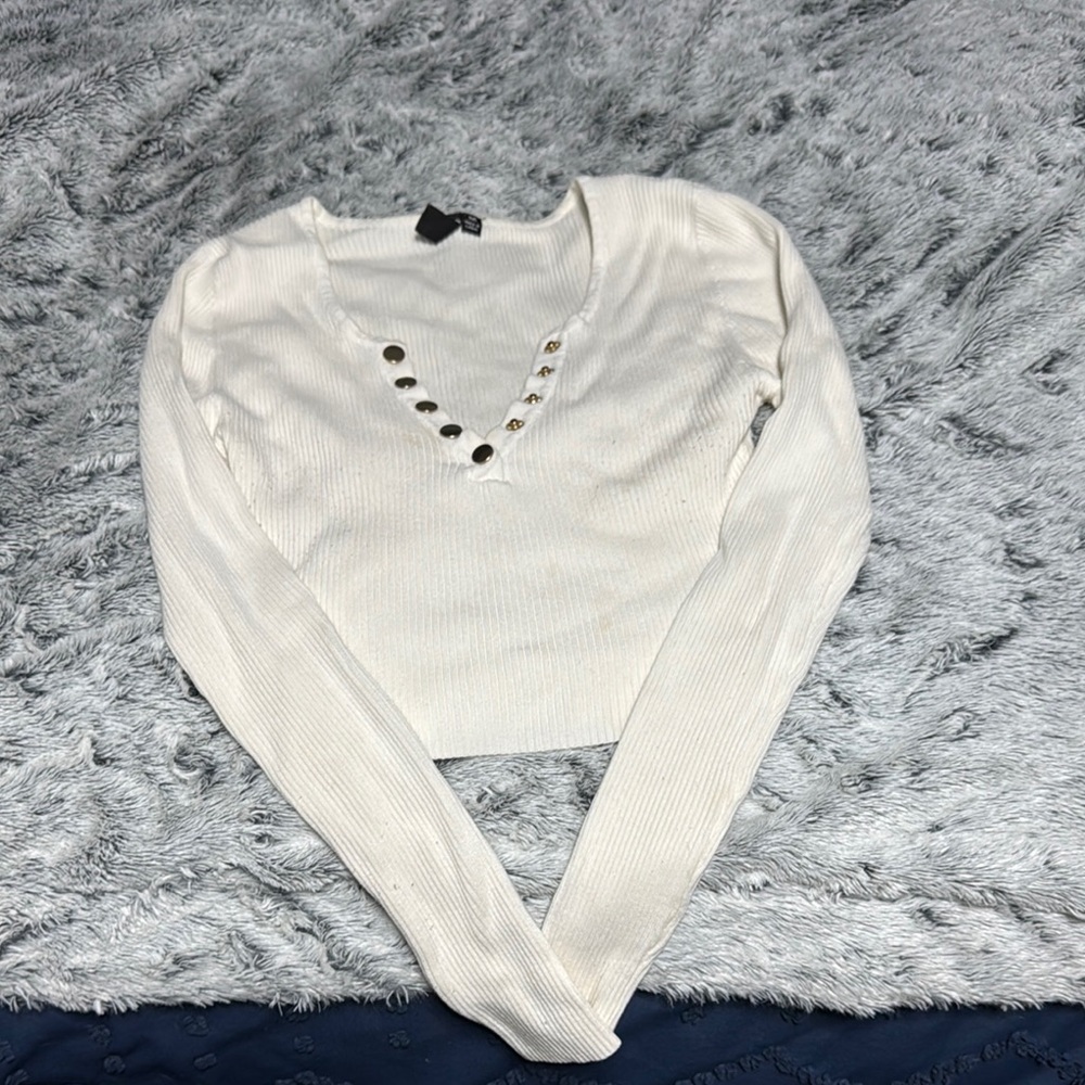 White Long Sleeve Top with Button Detail